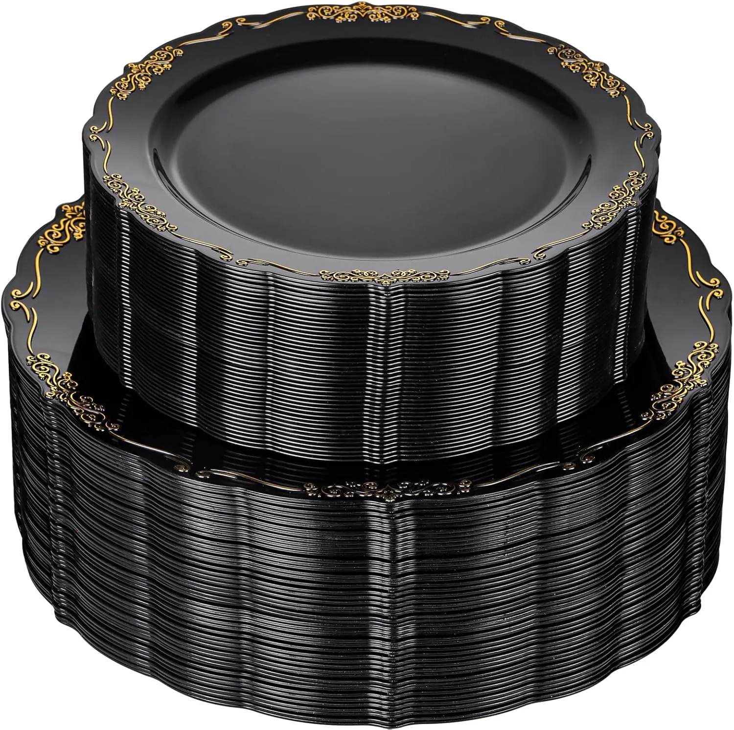 U-QE 100PCS Black and Gold Plastic Plates - Heavy Duty Black Disposable Plates Including 50PCS 10.25'' Dinner & 50PCS 7.5'' Dessert Plates for Party