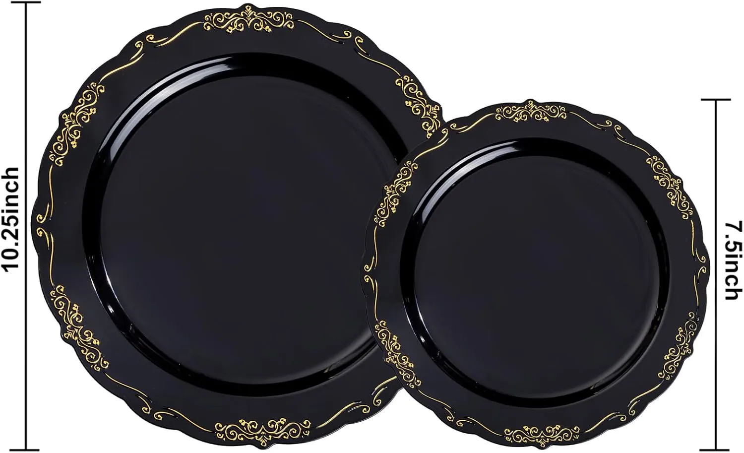 U-QE 100PCS Black and Gold Plastic Plates - Heavy Duty Black Disposable Plates Including 50PCS 10.25'' Dinner & 50PCS 7.5'' Dessert Plates for Party