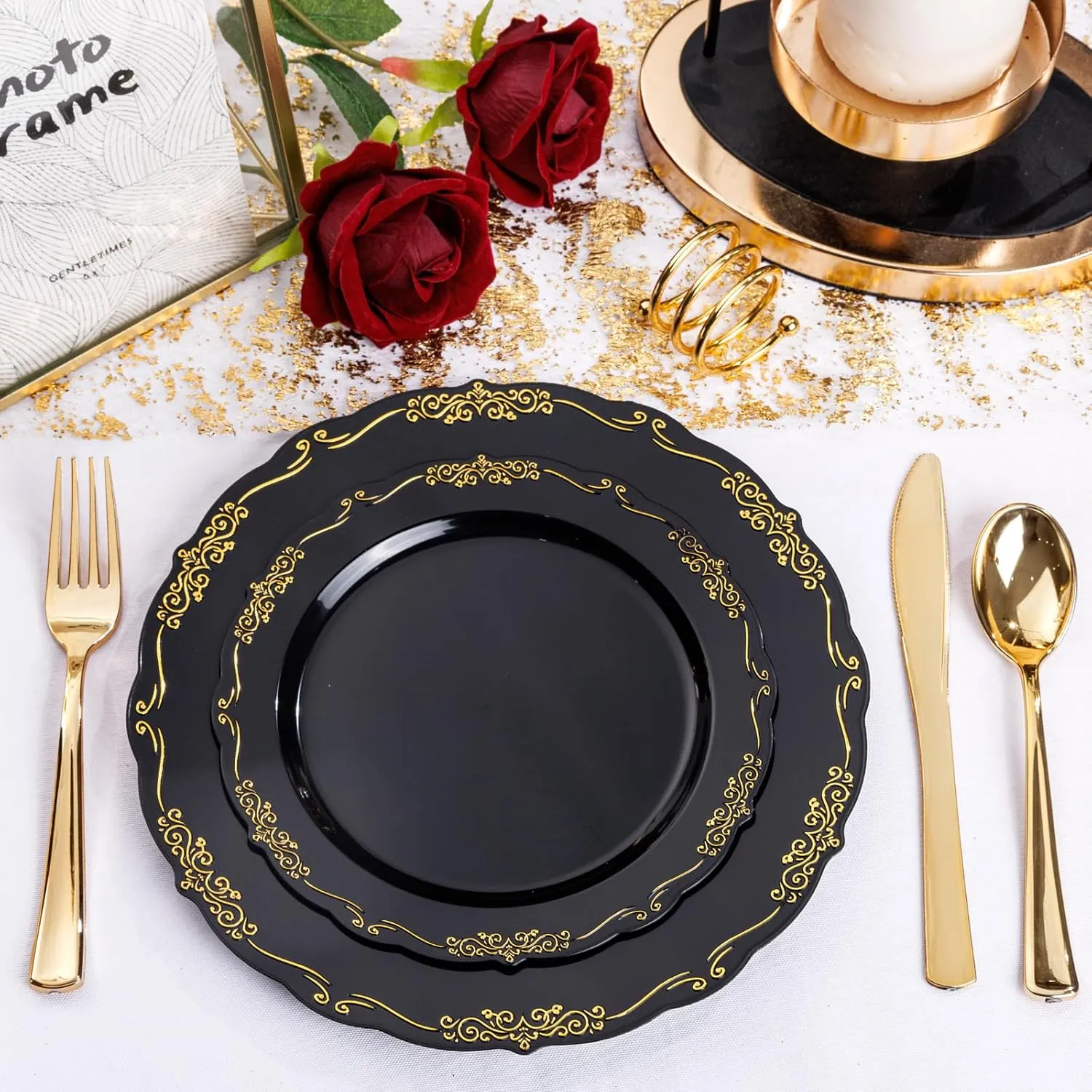 U-QE 100PCS Black and Gold Plastic Plates - Heavy Duty Black Disposable Plates Including 50PCS 10.25'' Dinner & 50PCS 7.5'' Dessert Plates for Party