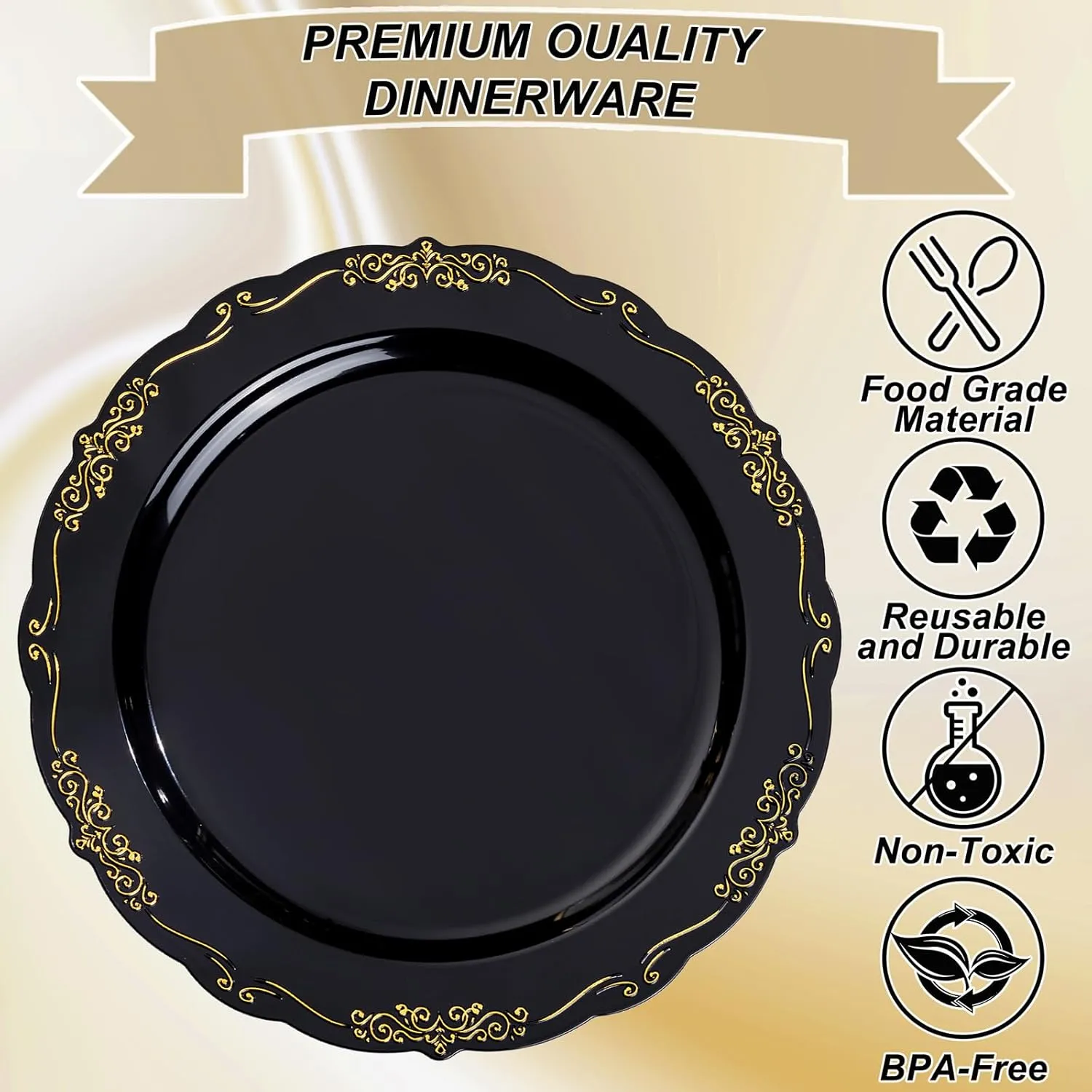 U-QE 100PCS Black and Gold Plastic Plates - Heavy Duty Black Disposable Plates Including 50PCS 10.25'' Dinner & 50PCS 7.5'' Dessert Plates for Party