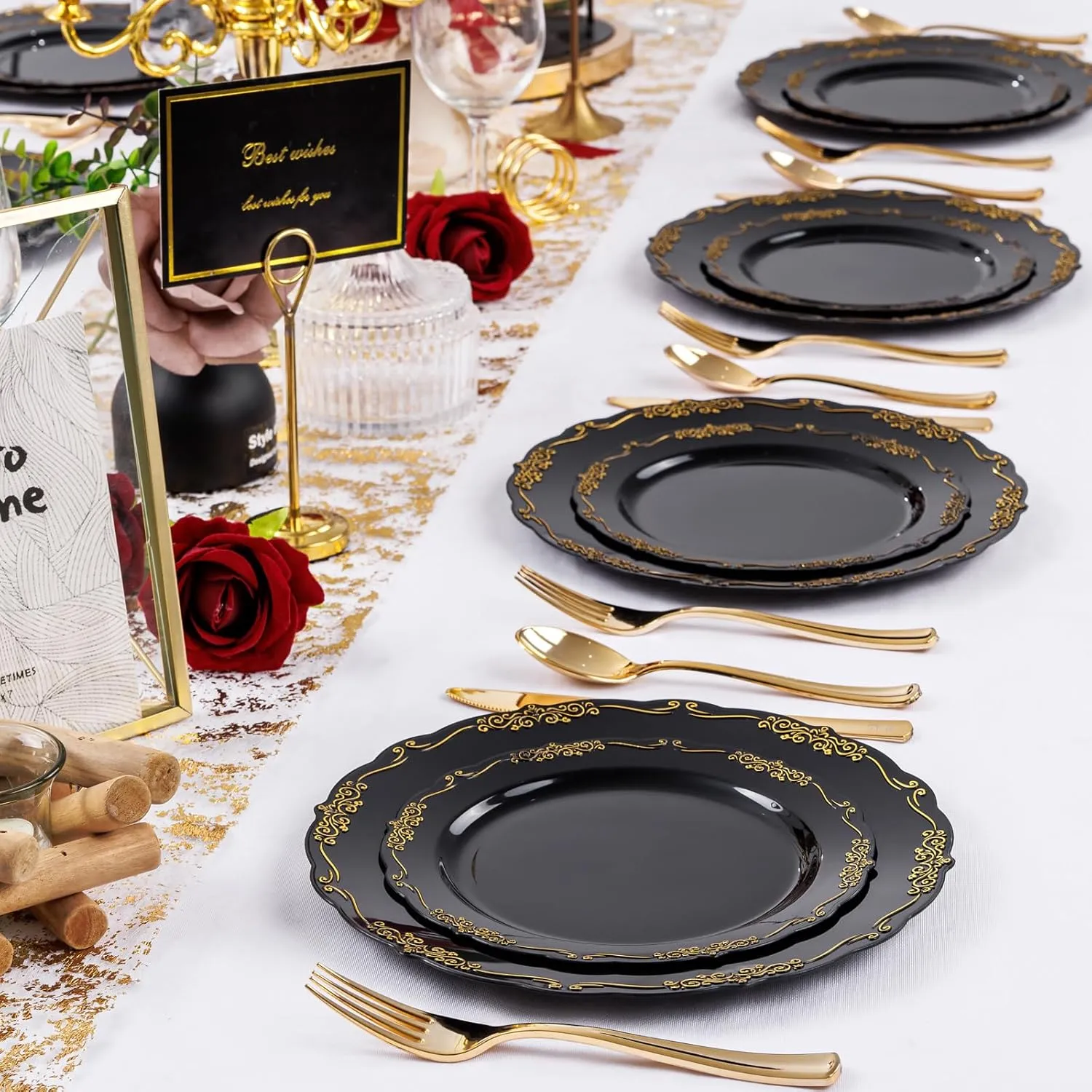 U-QE 100PCS Black and Gold Plastic Plates - Heavy Duty Black Disposable Plates Including 50PCS 10.25'' Dinner & 50PCS 7.5'' Dessert Plates for Party
