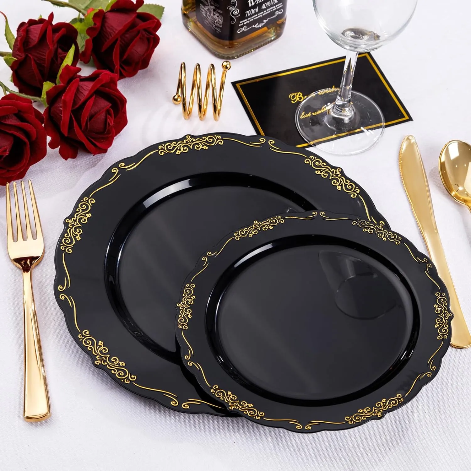 U-QE 100PCS Black and Gold Plastic Plates - Heavy Duty Black Disposable Plates Including 50PCS 10.25'' Dinner & 50PCS 7.5'' Dessert Plates for Party
