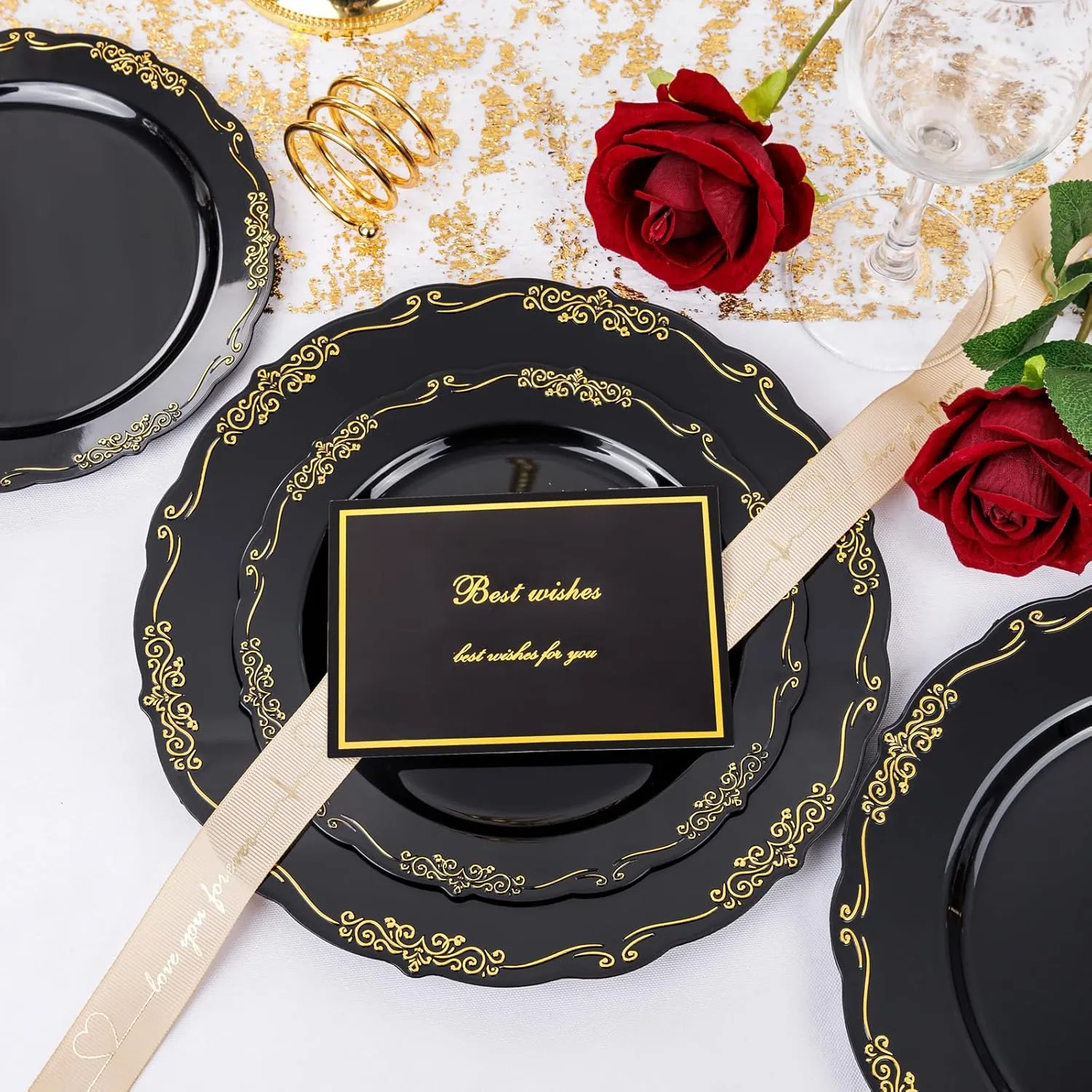 U-QE 100PCS Black and Gold Plastic Plates - Heavy Duty Black Disposable Plates Including 50PCS 10.25'' Dinner & 50PCS 7.5'' Dessert Plates for Party