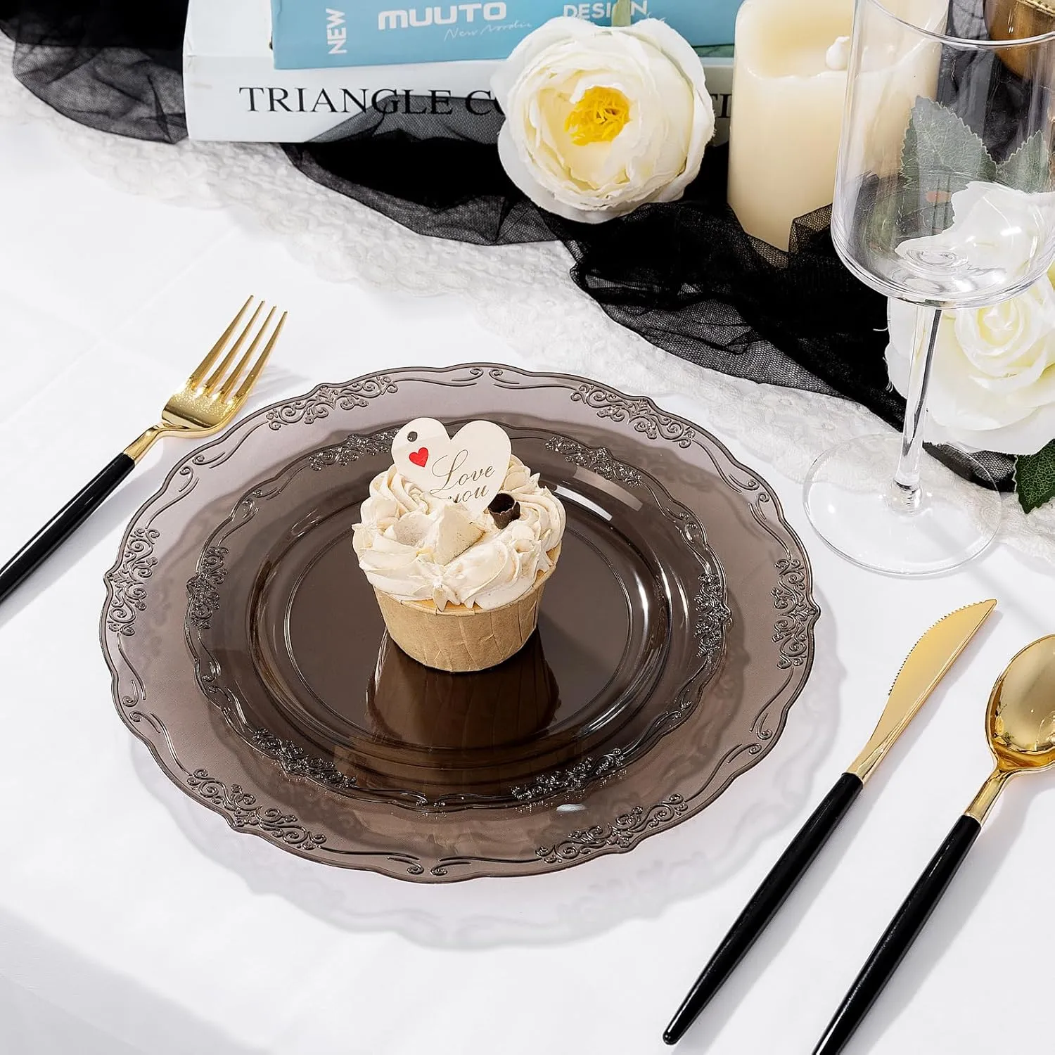 U-QE 100PCS Clear Black Plastic Plates - Heavy Duty Black Disposable Plates Including 50PCS 10.25'' Dinner & 50PCS 7.5'' Dessert Plates -Hard Plastic Platos for Party Wedding Bridal Shower