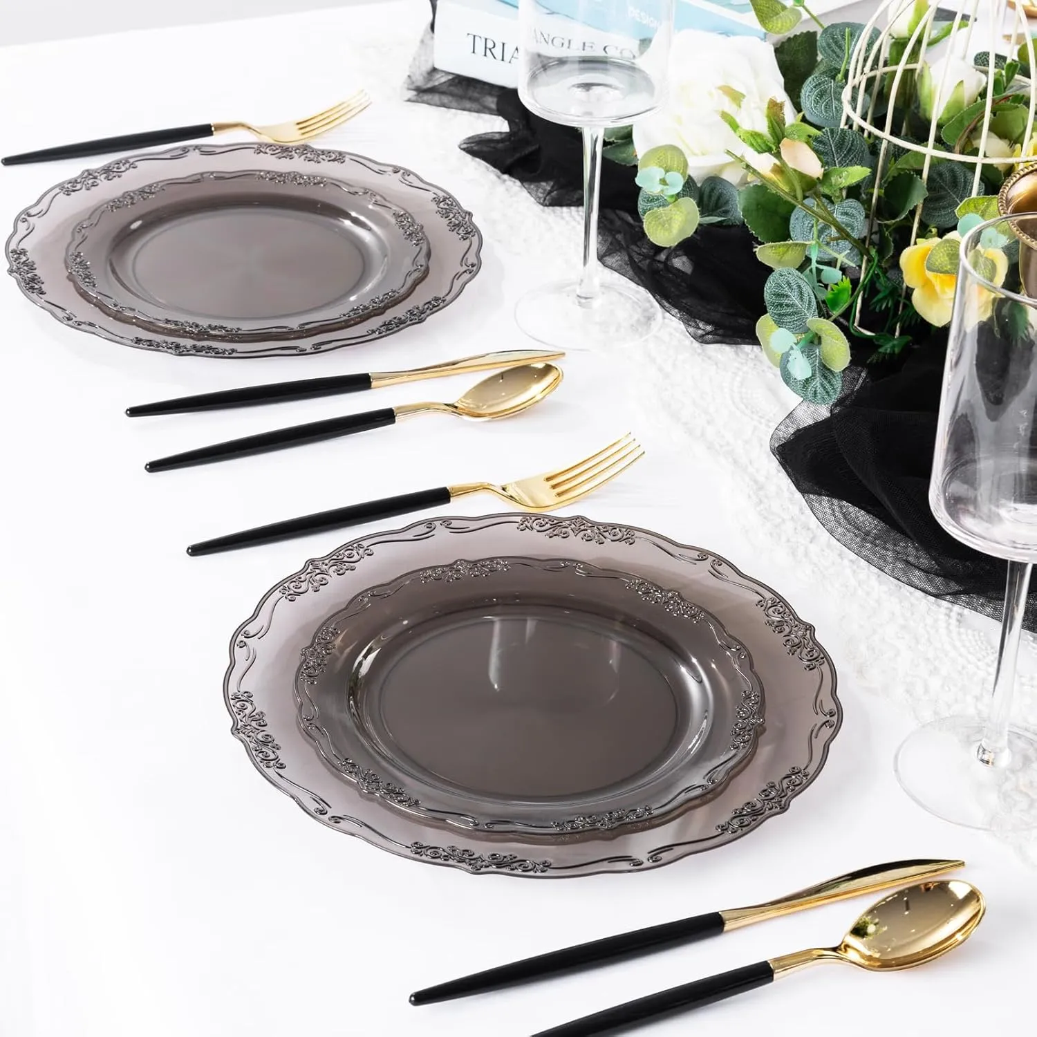 U-QE 100PCS Clear Black Plastic Plates - Heavy Duty Black Disposable Plates Including 50PCS 10.25'' Dinner & 50PCS 7.5'' Dessert Plates -Hard Plastic Platos for Party Wedding Bridal Shower