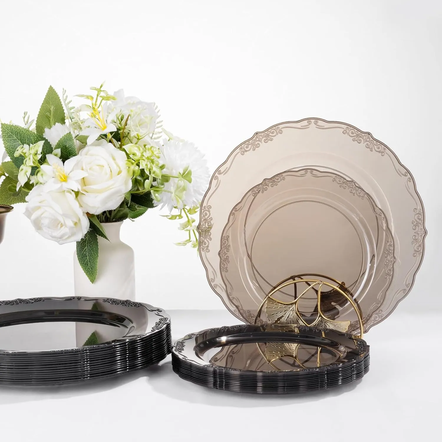 U-QE 100PCS Clear Black Plastic Plates - Heavy Duty Black Disposable Plates Including 50PCS 10.25'' Dinner & 50PCS 7.5'' Dessert Plates -Hard Plastic Platos for Party Wedding Bridal Shower