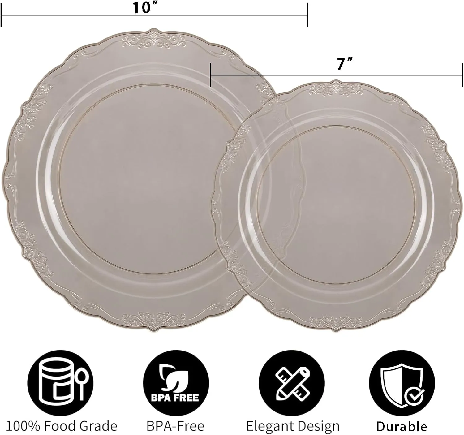 U-QE 100PCS Clear Black Plastic Plates - Heavy Duty Black Disposable Plates Including 50PCS 10.25'' Dinner & 50PCS 7.5'' Dessert Plates -Hard Plastic Platos for Party Wedding Bridal Shower