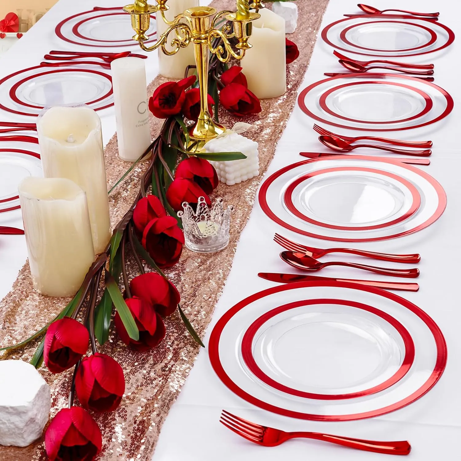 U-QE 120PCS Red Plastic Plates - Memorial Day Plates Disposable Heavy Duty - Clear Plastic Plates Set Include 60 10inch Plastic Dinner Plates and 60 7inch Plastic Dessert Plates for Party