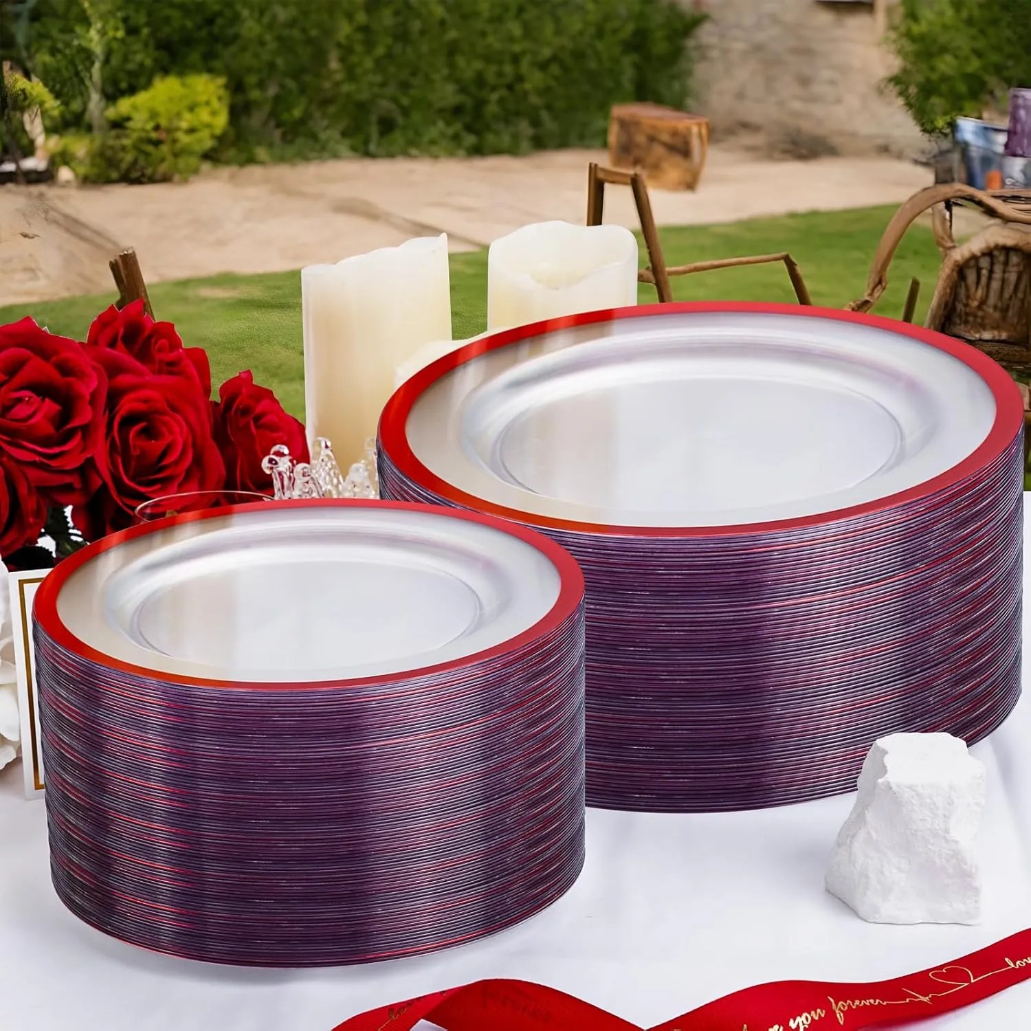 U-QE 120PCS Red Plastic Plates - Memorial Day Plates Disposable Heavy Duty - Clear Plastic Plates Set Include 60 10inch Plastic Dinner Plates and 60 7inch Plastic Dessert Plates for Party