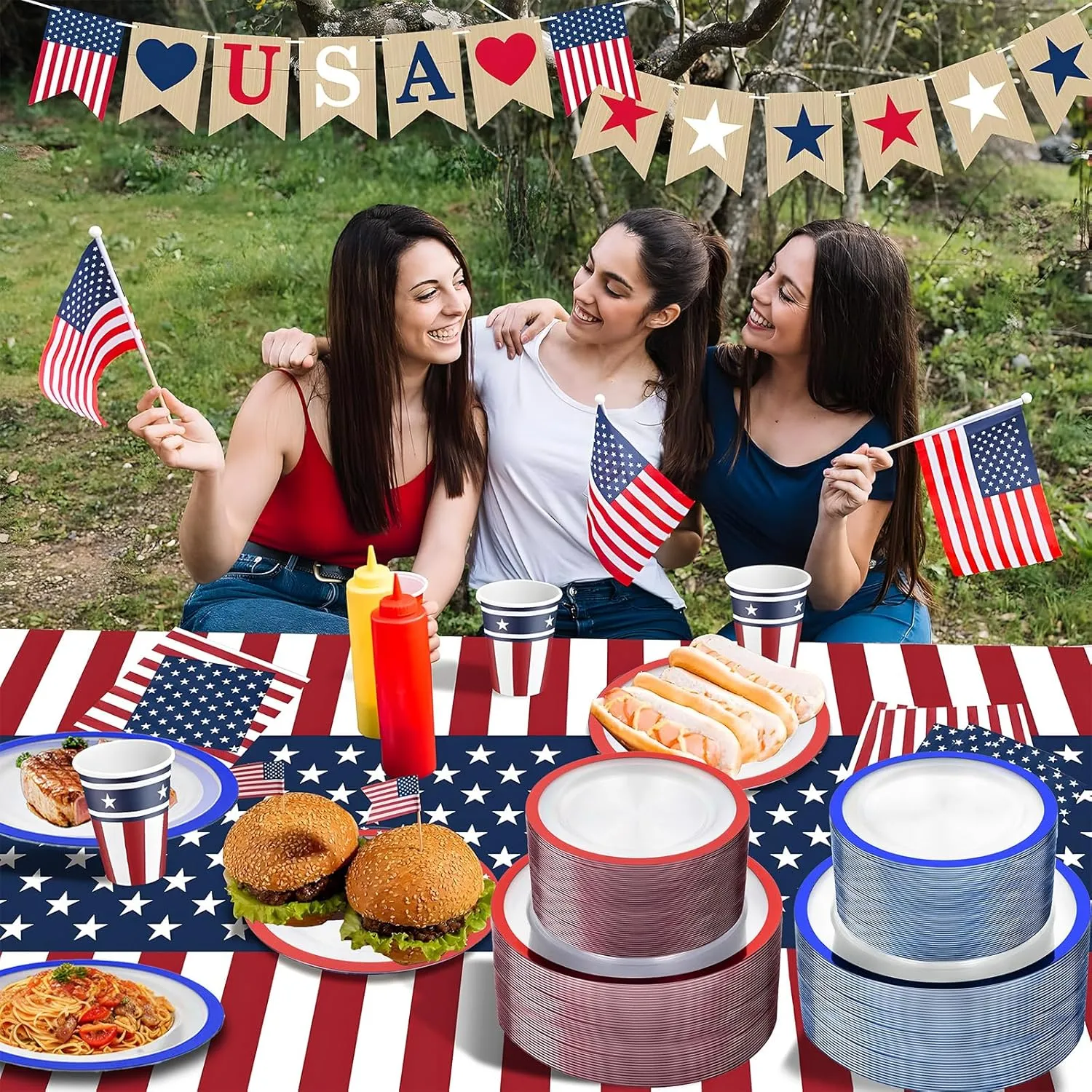 U-QE 120PCS Red Plastic Plates - Memorial Day Plates Disposable Heavy Duty - Clear Plastic Plates Set Include 60 10inch Plastic Dinner Plates and 60 7inch Plastic Dessert Plates for Party