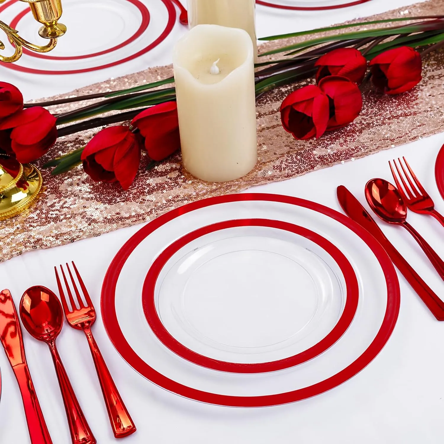 U-QE 120PCS Red Plastic Plates - Memorial Day Plates Disposable Heavy Duty - Clear Plastic Plates Set Include 60 10inch Plastic Dinner Plates and 60 7inch Plastic Dessert Plates for Party