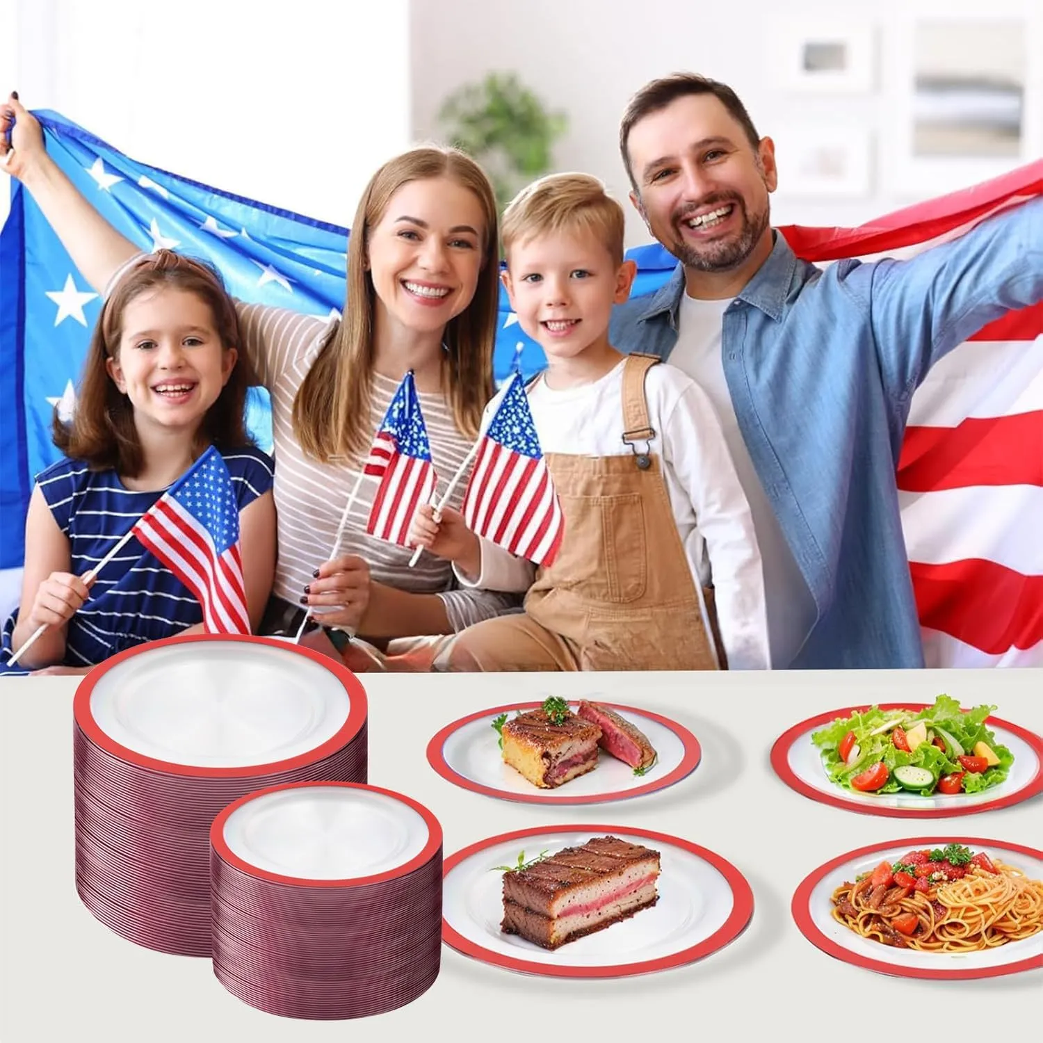 U-QE 120PCS Red Plastic Plates - Memorial Day Plates Disposable Heavy Duty - Clear Plastic Plates Set Include 60 10inch Plastic Dinner Plates and 60 7inch Plastic Dessert Plates for Party