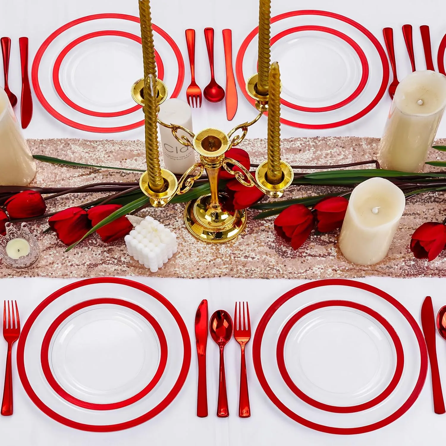 U-QE 120PCS Red Plastic Plates - Memorial Day Plates Disposable Heavy Duty - Clear Plastic Plates Set Include 60 10inch Plastic Dinner Plates and 60 7inch Plastic Dessert Plates for Party