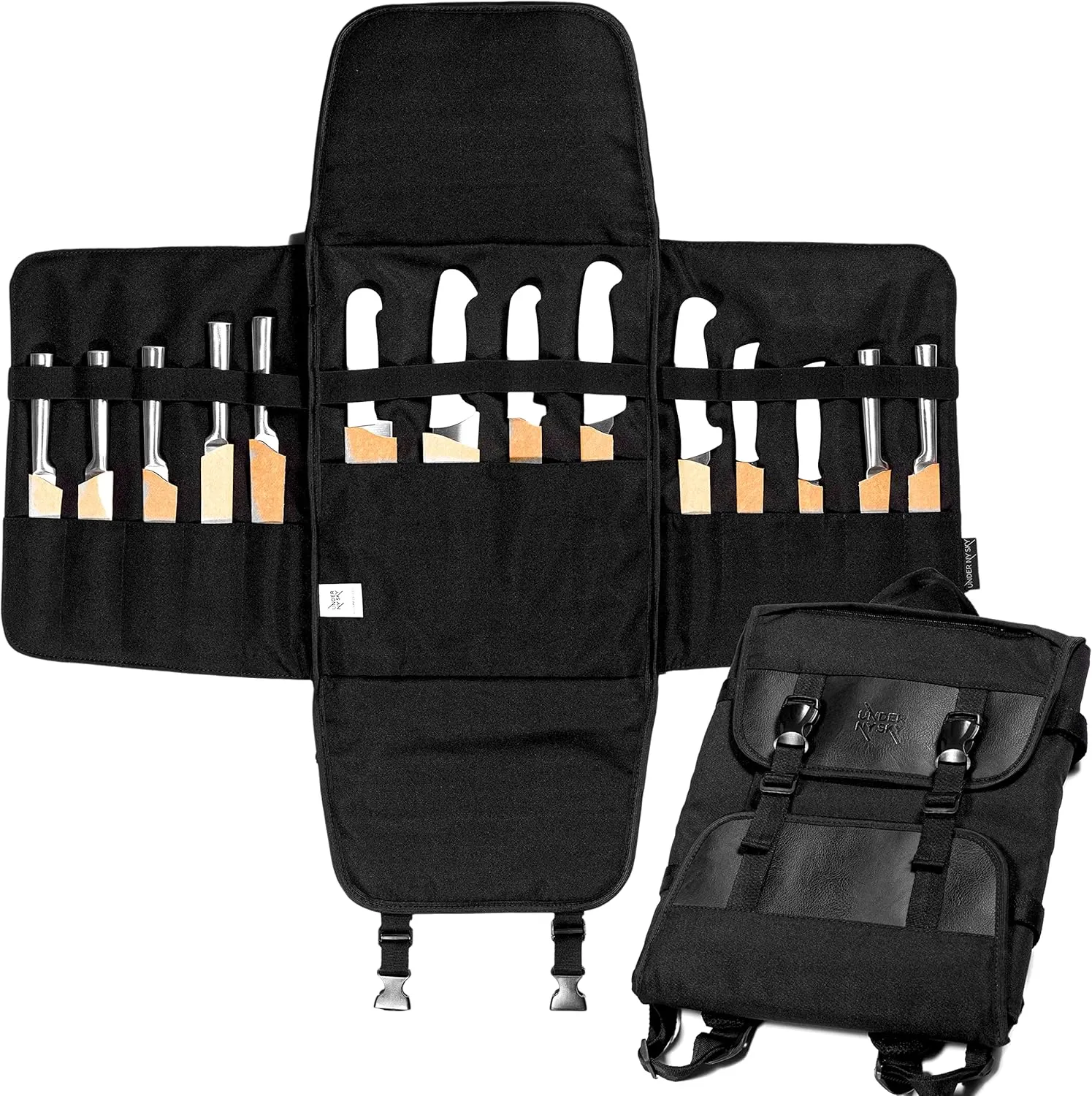 Under NY Sky Knife Bag - 14 Knife Slots, 1 Zipped Pocket for Kitchen Utensils, Large Pocket for Notebooks - Expandable - Sturdy Nylon Backpack (Black)