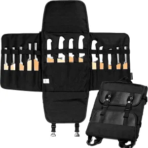 Under NY Sky Knife Bag - 14 Knife Slots, 1 Zipped Pocket for Kitchen Utensils, Large Pocket for Notebooks - Expandable - Sturdy Nylon Backpack (Black)