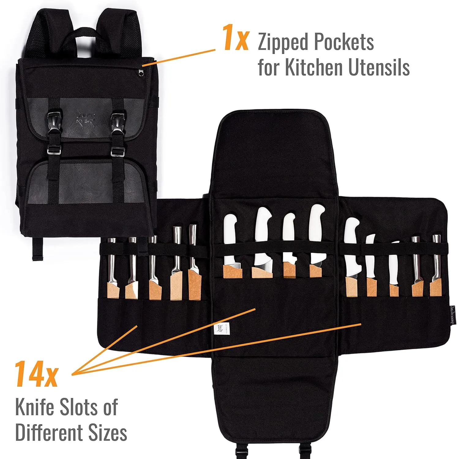 Under NY Sky Knife Bag - 14 Knife Slots, 1 Zipped Pocket for Kitchen Utensils, Large Pocket for Notebooks - Expandable - Sturdy Nylon Backpack (Black)