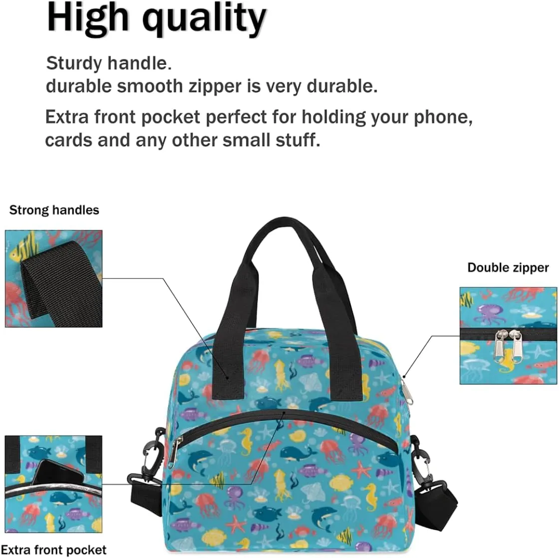 Underwater Animals Insulated Lunch Bag for Women Men, Reusable Lunch Box Container with Adjustable Shoulder Strap Large Leakproof Thermal Lunch Cooler Bag for Adult Work Picnic Office