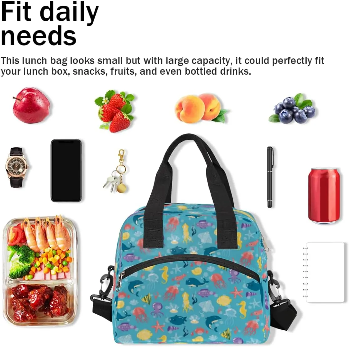 Underwater Animals Insulated Lunch Bag for Women Men, Reusable Lunch Box Container with Adjustable Shoulder Strap Large Leakproof Thermal Lunch Cooler Bag for Adult Work Picnic Office