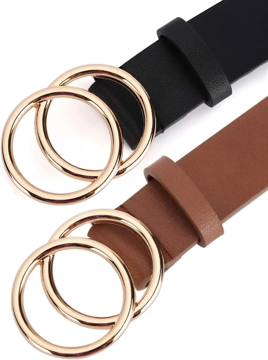 UnFader Pack 2 Women Belts for Jeans with Fashion Double O-Ring Buckle and Faux Leather