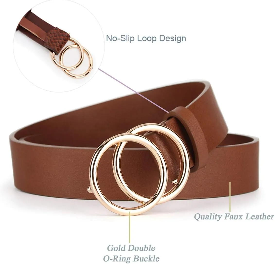 UnFader Pack 2 Women Belts for Jeans with Fashion Double O-Ring Buckle and Faux Leather
