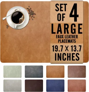 UnivoColors Washed Cowhide Pattern Faux Leather Big Size Placemats Set of 4, Waterproof Easy to Clean Anti-Slip PU Table Mats for Party Decoration19.7″×13.6″,Camel Retro Cowhide Pattern