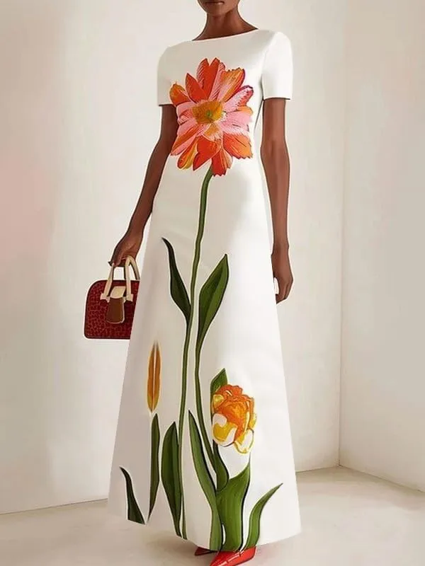 UOOZEE Women's Elegant Floral Maxi Dresses Boat Neck Short Sleeve 2025 Summer Cocktail Party Formal Dress
