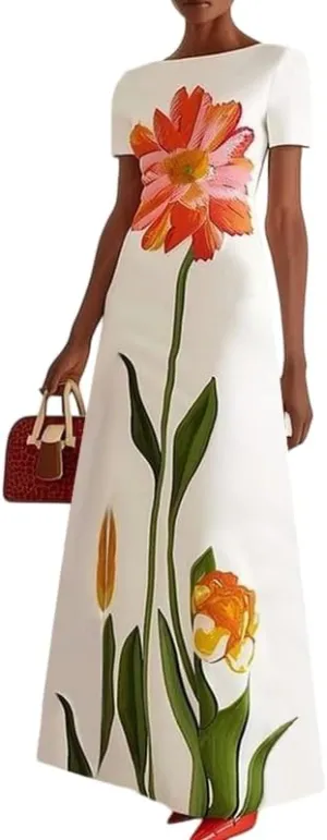UOOZEE Women's Elegant Floral Maxi Dresses Boat Neck Short Sleeve 2025 Summer Cocktail Party Formal Dress