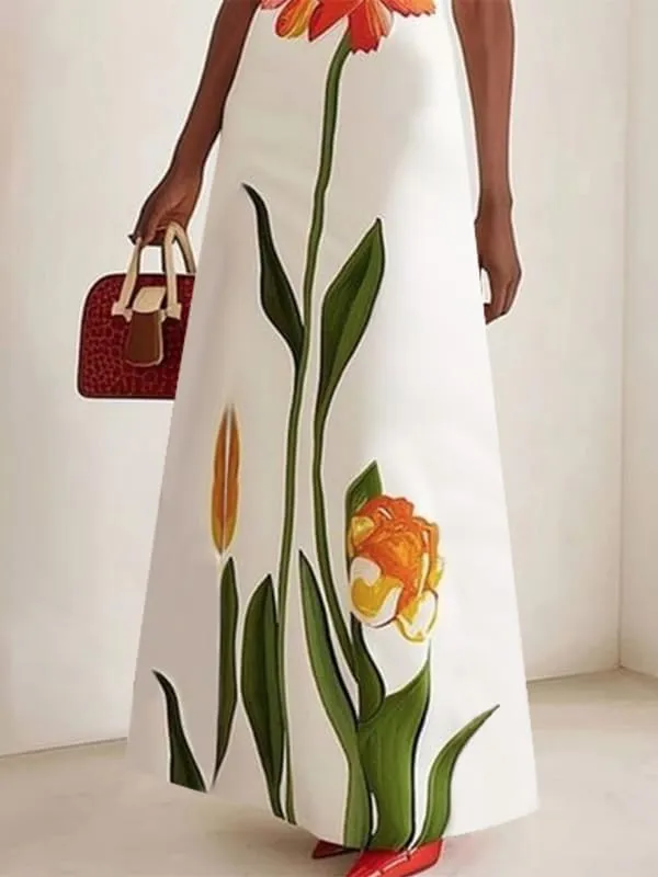 UOOZEE Women's Elegant Floral Maxi Dresses Boat Neck Short Sleeve 2025 Summer Cocktail Party Formal Dress