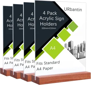 URbantin A4 Acrylic Sign Holder, 4Pack  A4 ,T-Shape Double Sided Poster Holder(Wood Base)- used very good, some surface scratches