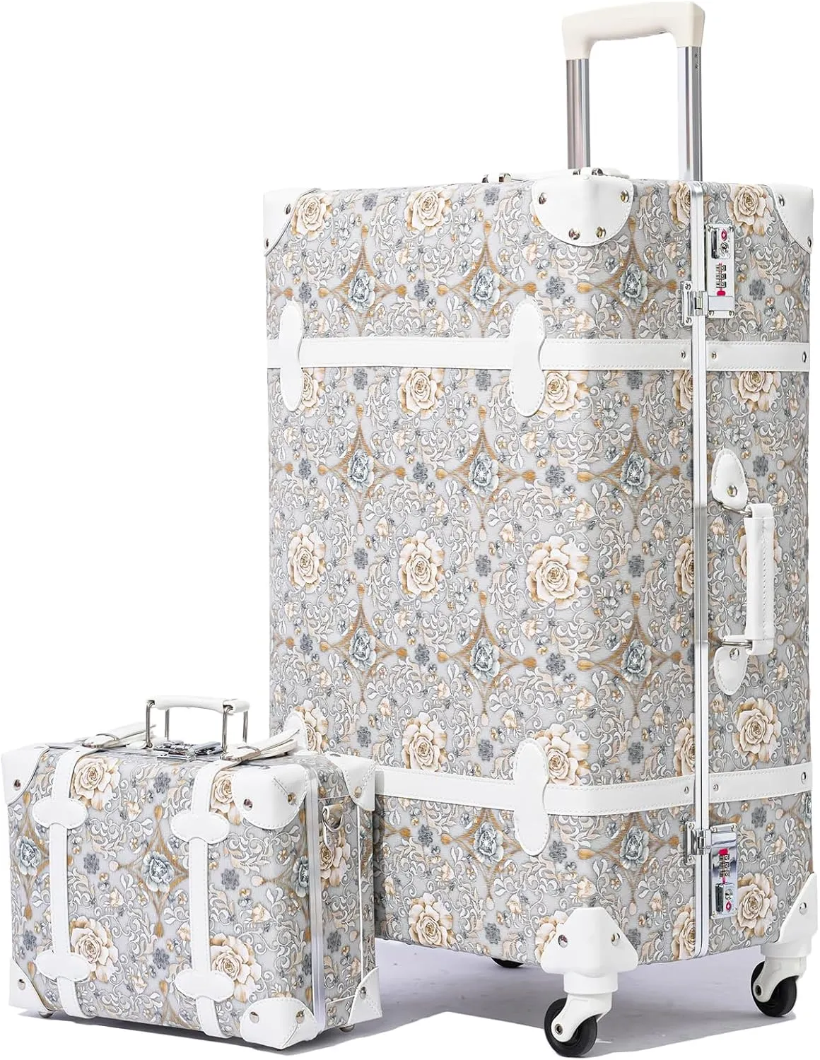 urecity Vintage Luggage Set of 2, Retro Suitcase Trunk with Wheels for Men and Women, Cute Designer Travel Luggage Set with Boarding Tote, Luggage Zipperless TSA Approved