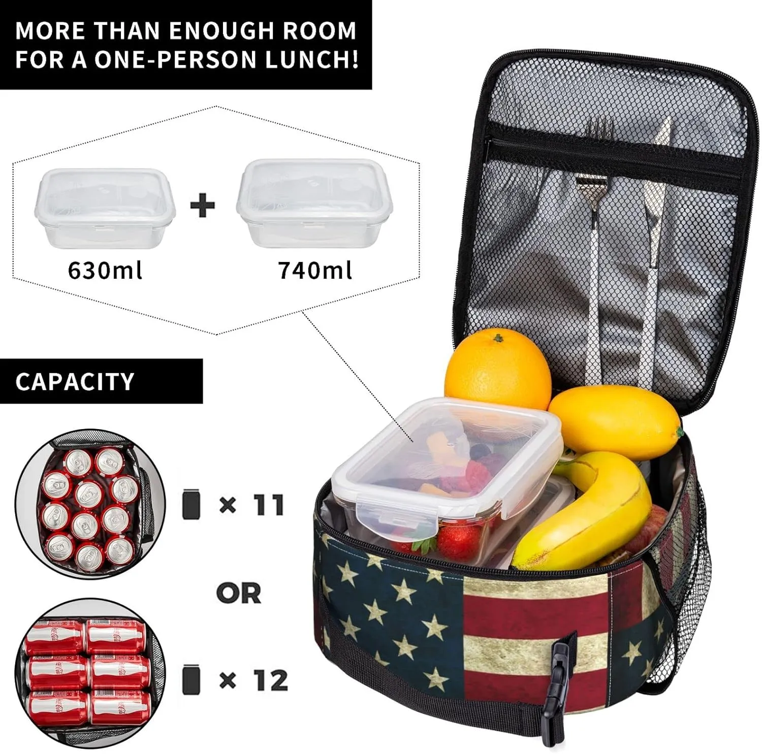 Usa American Flag Reusable Lunch Box Insulation Lunch Bag Containers Tote Handbag Ice Packs For Women Men Teens Girls