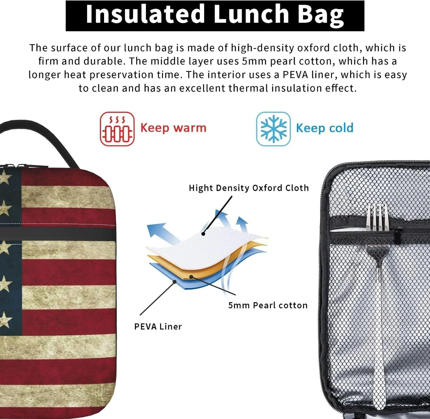 Usa American Flag Reusable Lunch Box Insulation Lunch Bag Containers Tote Handbag Ice Packs For Women Men Teens Girls