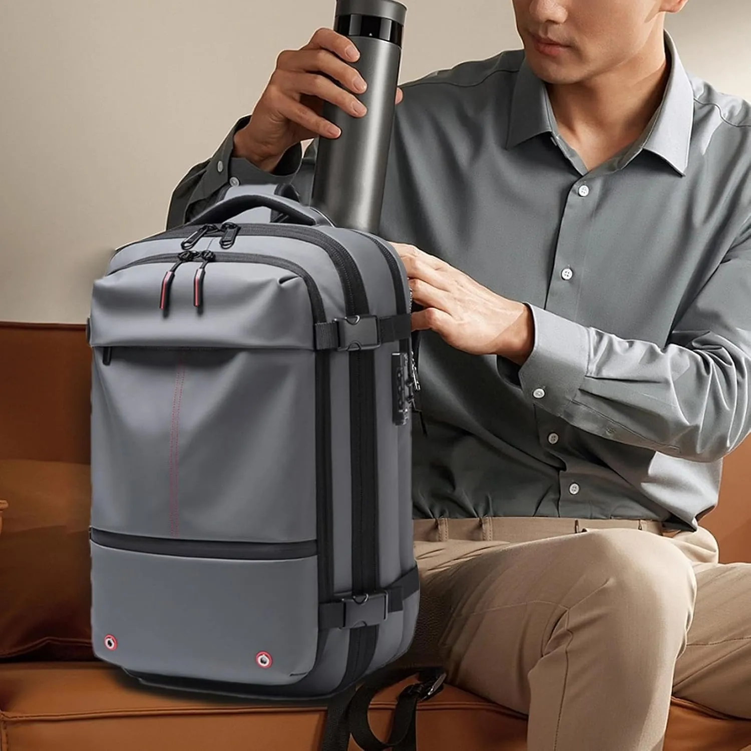 Vacuum Compression Backpack - Expandable Travel Bag, 60L, Grey, Unisex, Modern, Waterproof, Oxford Cloth, College/University, Travel