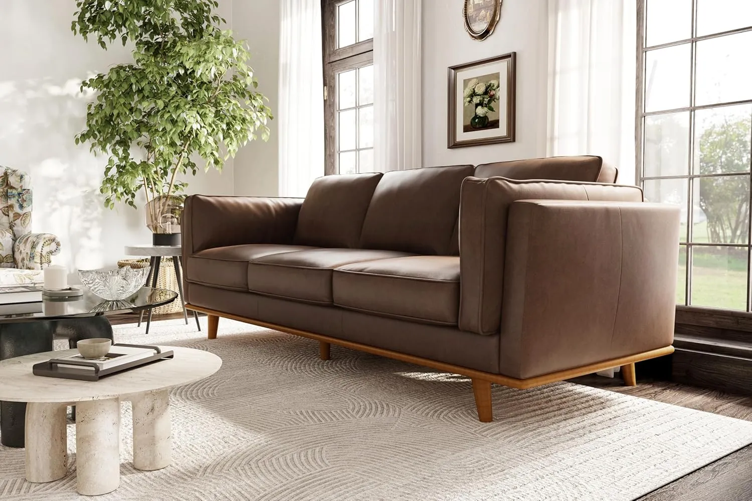 Valencia Artisan Full Leather Sofa 88” | Pure Full Italian Nappa Leather Couch, Solid Wood Accent, Ultimate Comfort, Chocolate
