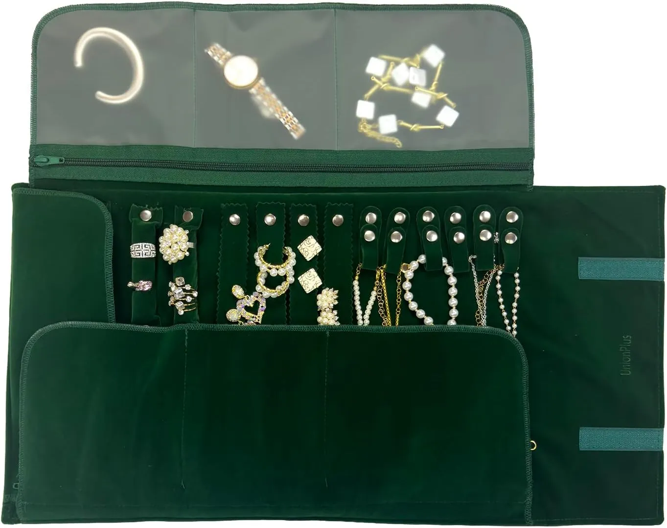 Velvet Travel Jewelry Case Roll Bag Organizer for Necklace Bracelet Earrings Ring, 6 PVC Pockets, Blackish Green Upgrade Version