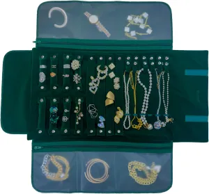 Velvet Travel Jewelry Case Roll Bag Organizer for Necklace Bracelet Earrings Ring, 6 PVC Pockets, Blackish Green Upgrade Version