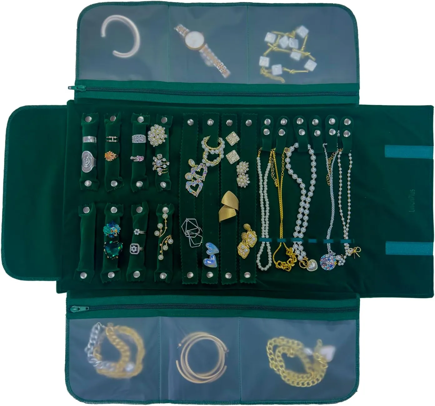 Velvet Travel Jewelry Case Roll Bag Organizer for Necklace Bracelet Earrings Ring, 6 PVC Pockets, Blackish Green Upgrade Version