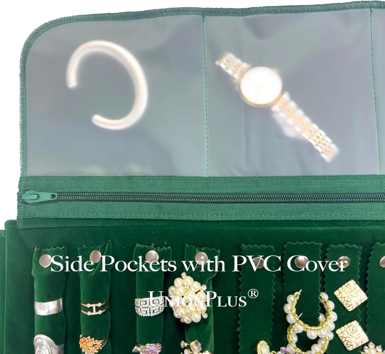 Velvet Travel Jewelry Case Roll Bag Organizer for Necklace Bracelet Earrings Ring, 6 PVC Pockets, Blackish Green Upgrade Version