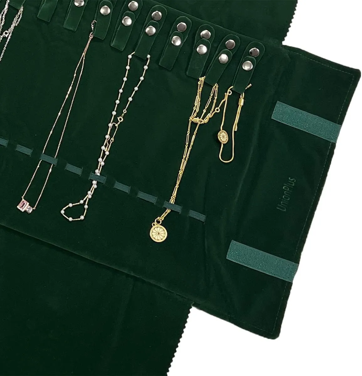 Velvet Travel Jewelry Roll Bag Organizer for Necklace, Elastic Band and Anti-winding, Large, Blackish Green