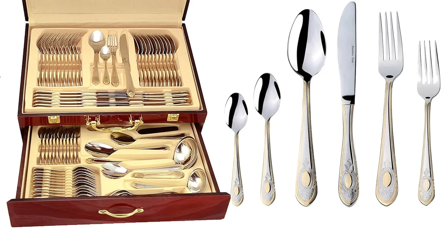 Venezia Collection "Medallion" 75-Piece Fine Flatware Set, Silverware Cutlery Dining Service for 12, Premium 18/10 Surgical Stainless Steel, 24K Gold-Plated Hostess Serving Set, Wooden Storage Case