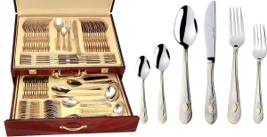 Venezia Collection "Medallion" 75-Piece Fine Flatware Set, Silverware Cutlery Dining Service for 12, Premium 18/10 Surgical Stainless Steel, 24K Gold-Plated Hostess Serving Set, Wooden Storage Case