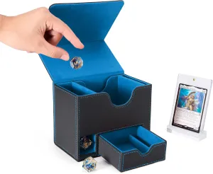 Venssu Card Deck Box for MTG Commander, Mtg Deck Box for Commander Display,Fits 100 Double-Sleeved Cards, 35pt Card Brick, Dice Tray and Dice Tower (Black and Cyan)