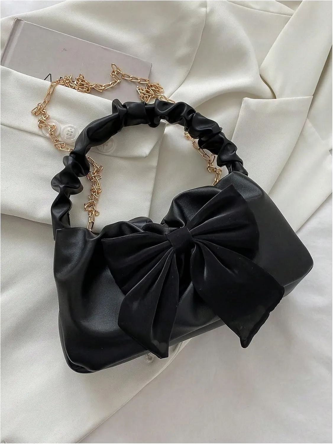 Verdusa Women's Bow Ruched Strap Handbag Elegant Top Handle Chain Crossbody Bag