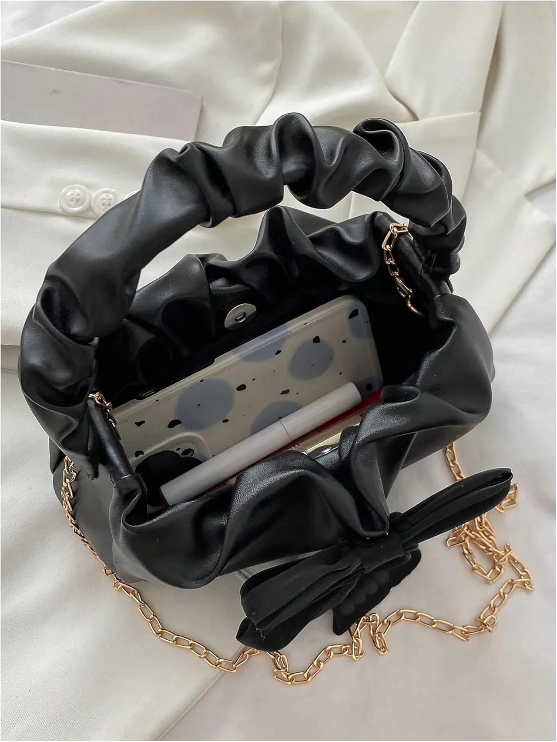 Verdusa Women's Bow Ruched Strap Handbag Elegant Top Handle Chain Crossbody Bag