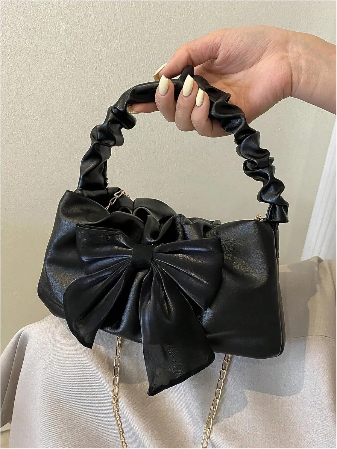 Verdusa Women's Bow Ruched Strap Handbag Elegant Top Handle Chain Crossbody Bag