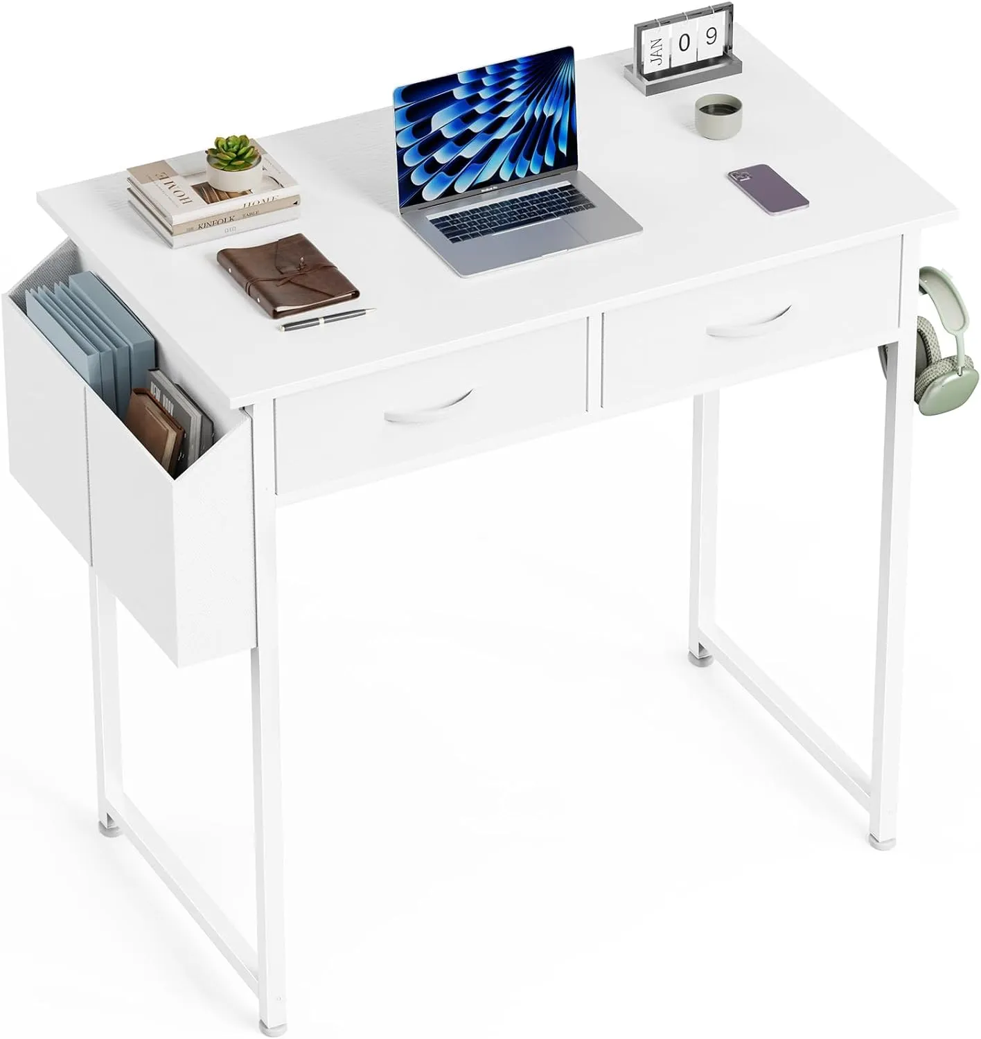 Versatile Home Office Writing Desk for Enhanced Productivity, Spacious Storage with Headphone Hook & Fabric Side Bag, White