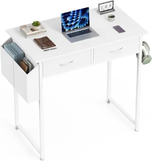 Versatile Home Office Writing Desk for Enhanced Productivity, Spacious Storage with Headphone Hook & Fabric Side Bag, White