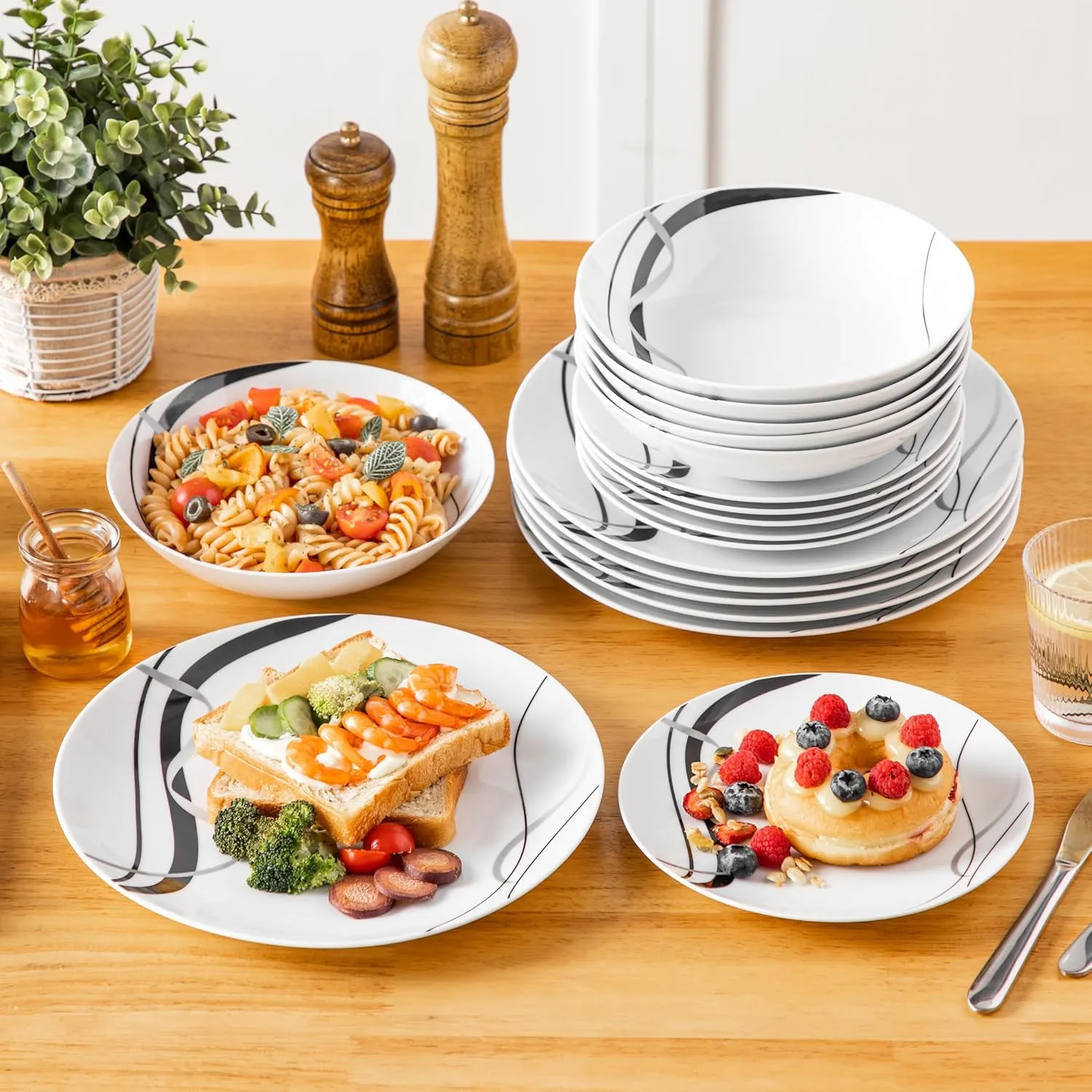 VEWEET Porcelain Dinnerware Sets for 6, 18 Pieces Plates and Bowls Set with Black and Grey Ribbon Lines, Dishes Set Dining Ware for Dinner, Microwave and Dishwasher Safe, Series FIONA