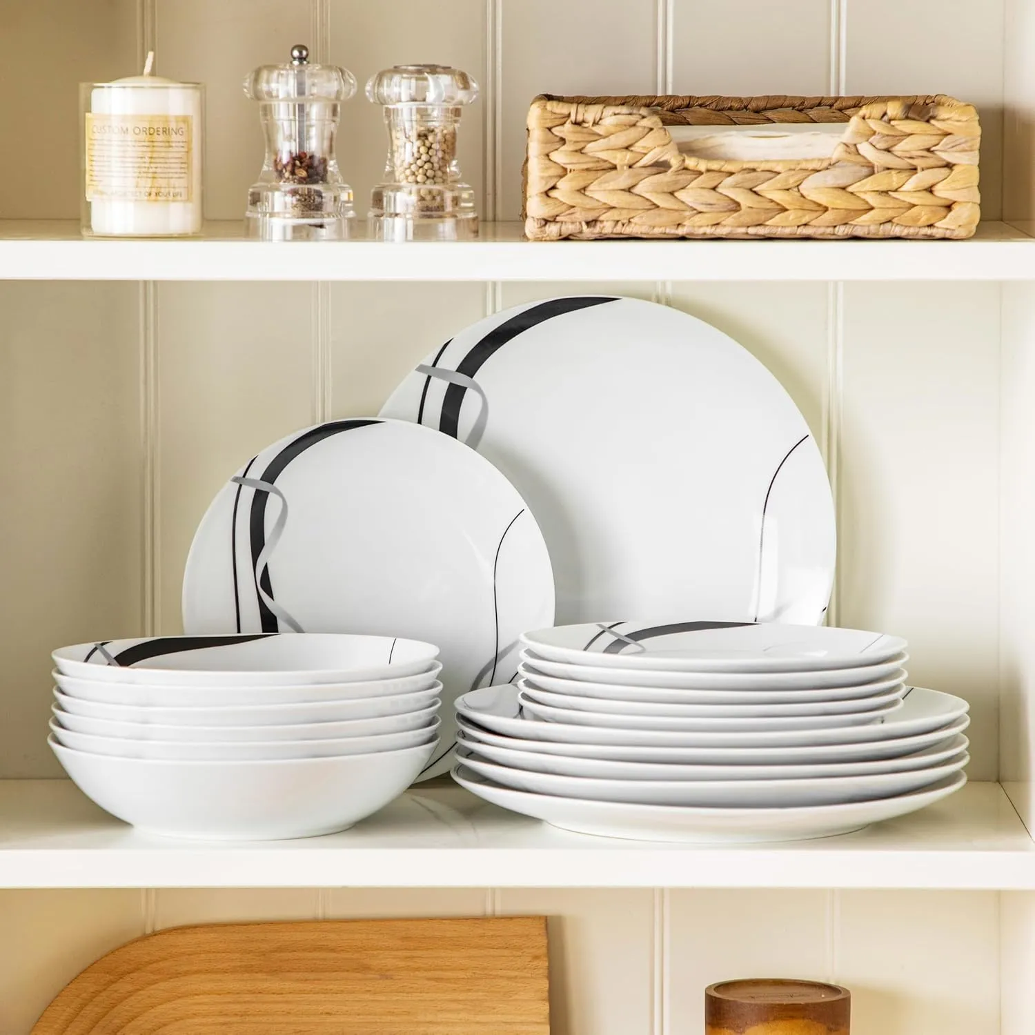 VEWEET Porcelain Dinnerware Sets for 6, 18 Pieces Plates and Bowls Set with Black and Grey Ribbon Lines, Dishes Set Dining Ware for Dinner, Microwave and Dishwasher Safe, Series FIONA