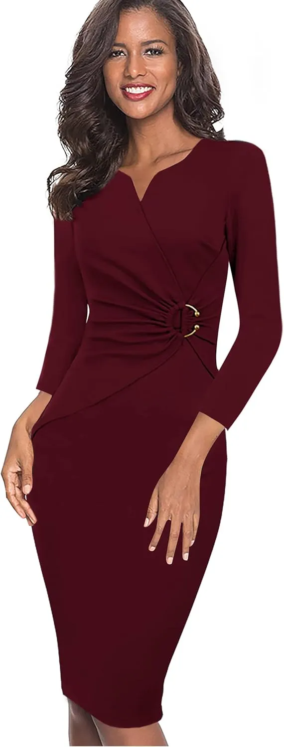 VFSHOW Womens Elegant Notch Neck Ruched Cocktail Party Work Office Business Church Bodycon Sheath Dress